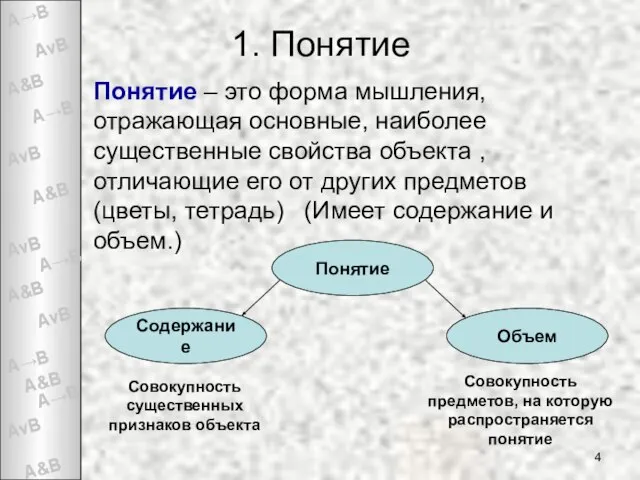 1. Понятие Понятие – это форма мышления, отражающая основные, наиболее существенные