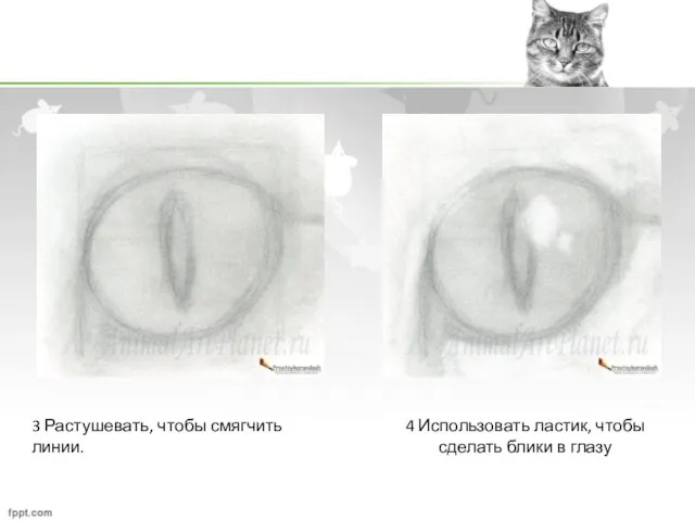 3 Растушевать, чтобы смягчить линии. 4 Использовать ластик, чтобы сделать блики в глазу