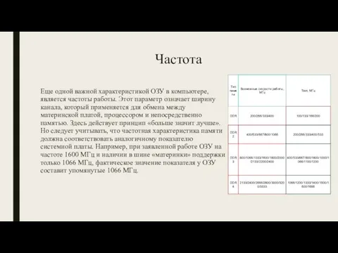 Частота Еще одной важной характеристикой ОЗУ в компьютере, является частоты работы.