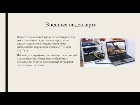 Внешняя видеокарта Относительно новый вид видеоадаптеров. Это тоже очень производительная карта,