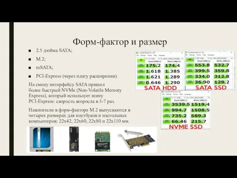 Форм-фактор и размер 2.5 дюйма SATA; M.2; mSATA; PCI-Express (через плату