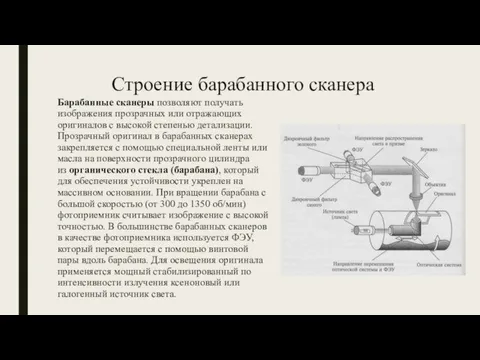 Строение барабанного сканера Барабанные сканеры позволяют получать изображения прозрачных или отражающих