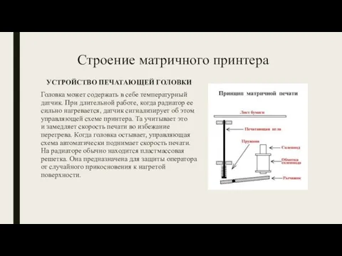 Строение матричного принтера УСТРОЙСТВО ПЕЧАТАЮЩЕЙ ГОЛОВКИ Головка может содержать в себе