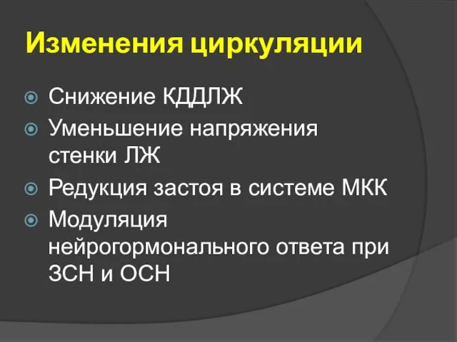 Изменения циркуляции Снижение КДДЛЖ Уменьшение напряжения стенки ЛЖ Редукция застоя в