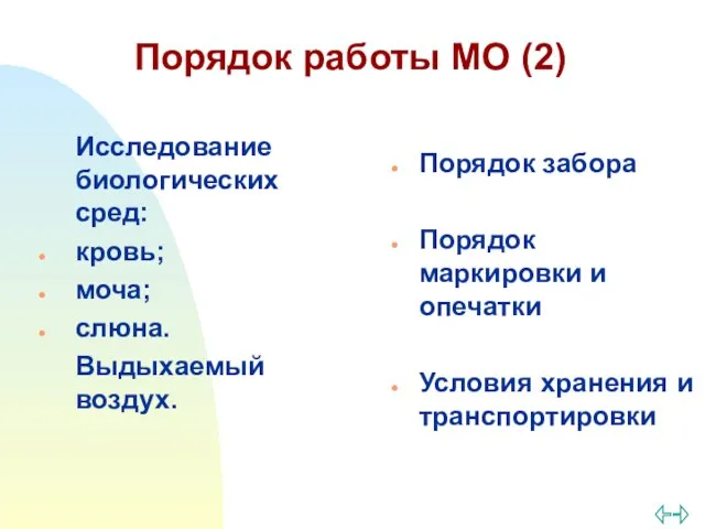 Порядок работы МО (2) Исследование биологических сред: кровь; моча; слюна. Выдыхаемый