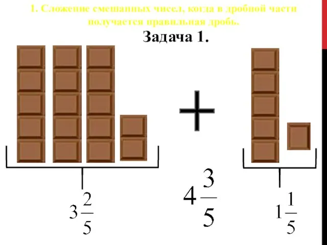 Задача 1. 1. Сложение смешанных чисел, когда в дробной части получается правильная дробь.