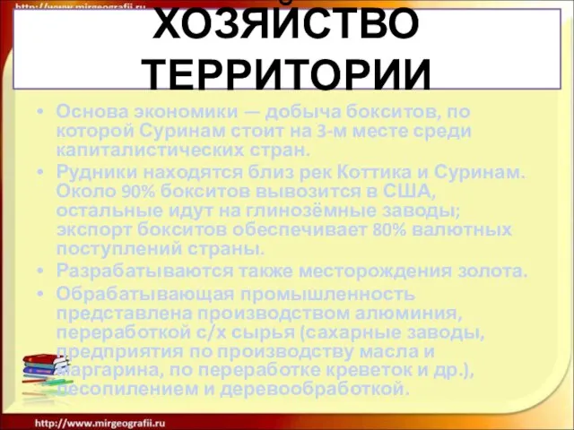 ХОЗЯЙСТВО ТЕРРИТОРИИ Основа экономики — добыча бокситов, по которой Суринам стоит