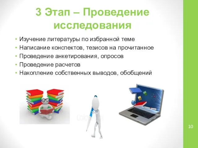 3 Этап – Проведение исследования Изучение литературы по избранной теме Написание