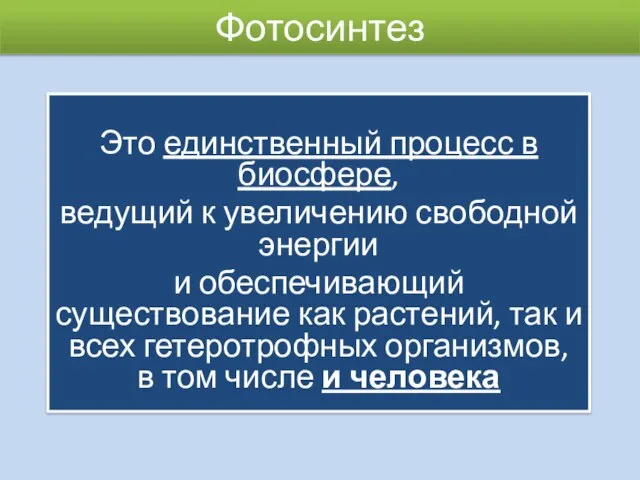 Фотосинтез Это единственный процесс в биосфере, ведущий к увеличению свободной энергии