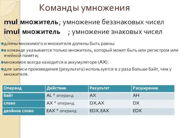 Команды умножения mul множитель ; умножение беззнаковых чисел imul множитель ;