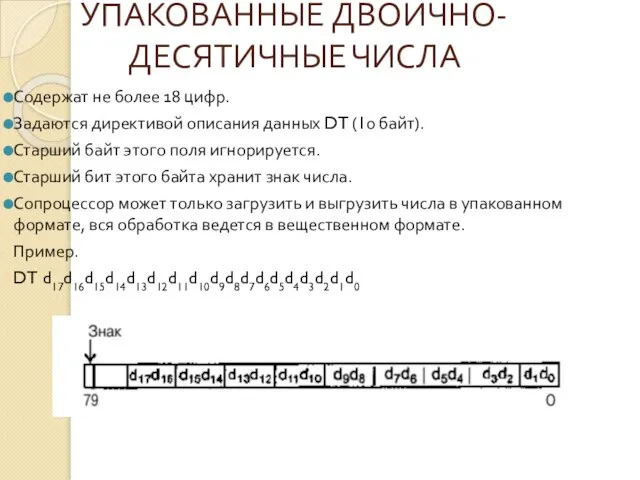 УПАКОВАННЫЕ ДВОИЧНО-ДЕСЯТИЧНЫЕ ЧИСЛА Содержат не более 18 цифр. Задаются директивой описания