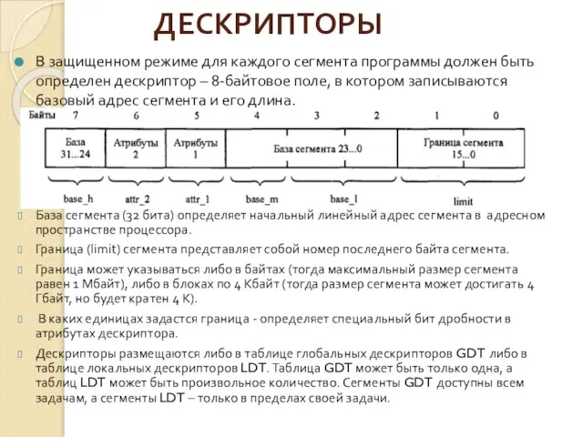 ДЕСКРИПТОРЫ В защищенном режиме для каждого сегмента программы должен быть определен