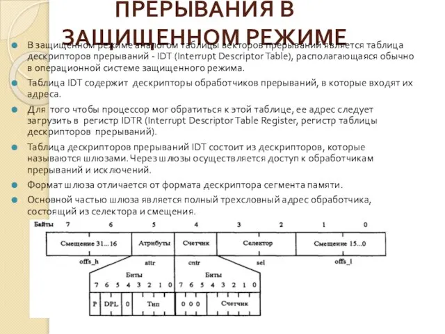 ПРЕРЫВАНИЯ В ЗАЩИЩЕННОМ РЕЖИМЕ В защищенном режиме аналогом таблицы векторов прерываний