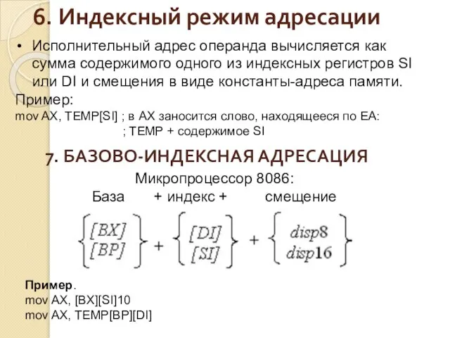 Исполнительный адрес операнда вычисляется как сумма содержимого одного из индексных регистров