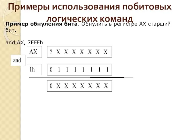 Примеры использования побитовых логических команд Пример обнуления бита. Обнулить в регистре