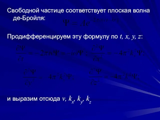 Свободной частице соответствует плоская волна де-Бройля: Продифференцируем эту формулу по t,