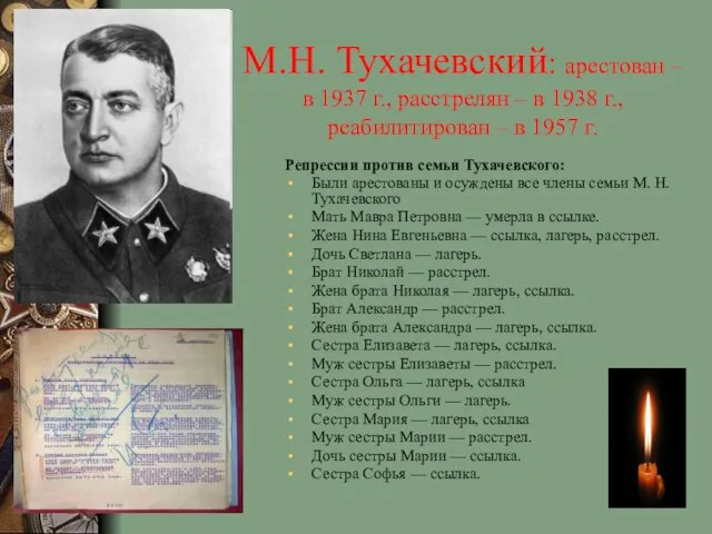 М.Н. Тухачевский: арестован – в 1937 г., расстрелян – в 1938