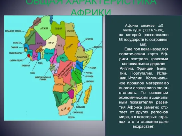 ОБЩАЯ ХАРАКТЕРИСТИКА АФРИКИ Африка занимает 1/5 часть суши (30,3 млн.км), на