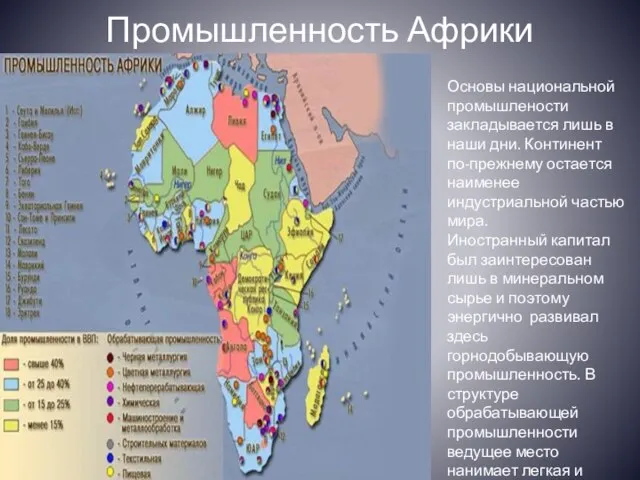 Промышленность Африки Основы национальной промышлености закладывается лишь в наши дни. Континент