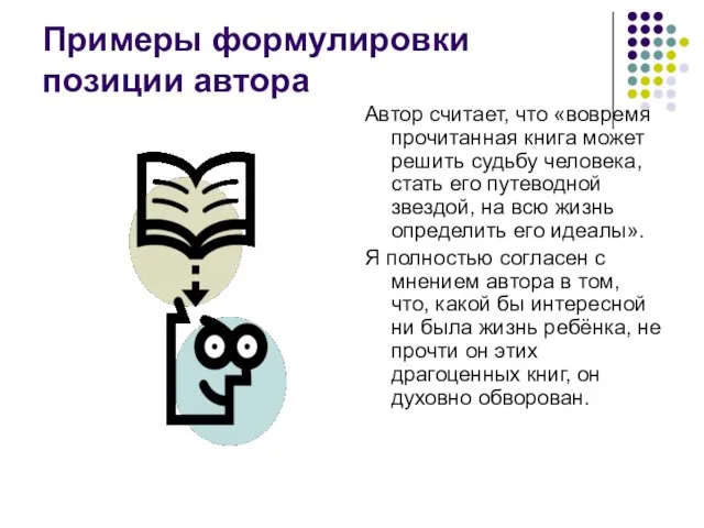 Примеры формулировки позиции автора Автор считает, что «вовремя прочитанная книга может