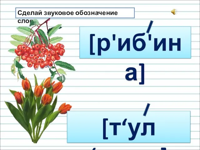 Сделай звуковое обозначение слова. [р'иб'ина] [т‘ул‘паны]