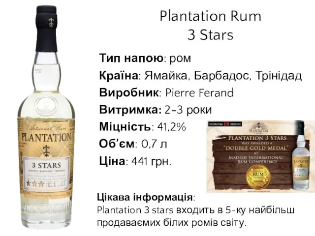 Plantation Rum 3 Stars Тип напою: ром Країна: Ямайка, Барбадос, Трінідад