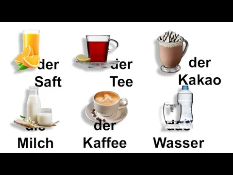 der Saft der Tee der Kakao die Milch das Wasser der Kaffee