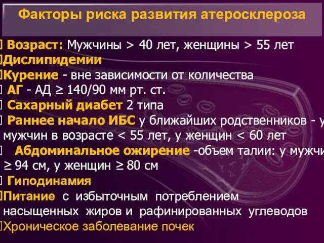 Возраст: Мужчины > 40 лет, женщины > 55 лет Дислипидемии Курение