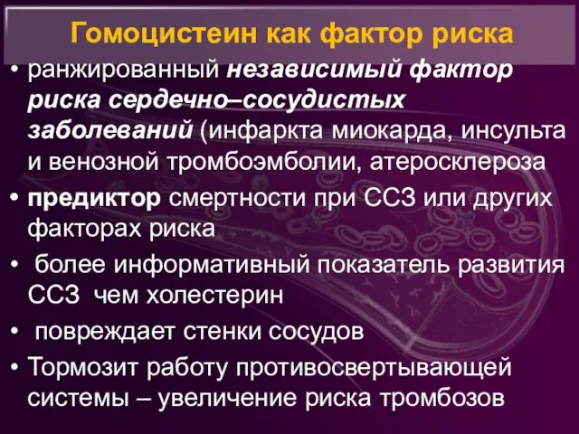 Гомоцистеин как фактор риска ранжированный независимый фактор риска сердечно–сосудистых заболеваний (инфаркта