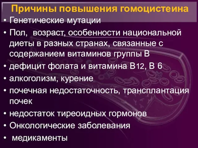 Причины повышения гомоцистеина Генетические мутации Пол, возраст, особенности национальной диеты в