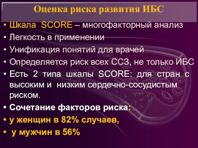 Оценка риска развития ИБС Шкала SCORE – многофакторный анализ Легкость в