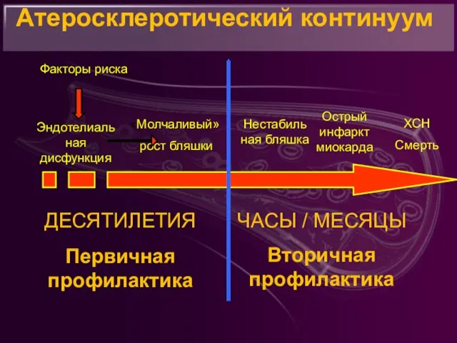 Атеросклеротический континуум Эндотелиальная дисфункция «Молчаливый» рост бляшки Нестабильная бляшка Острый инфаркт