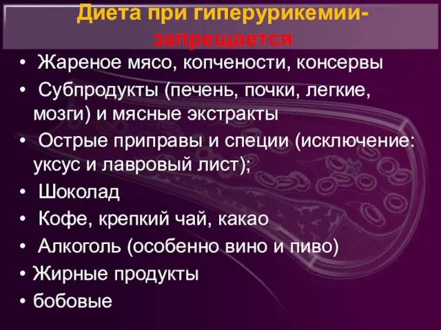 Диета при гиперурикемии- запрещается Жареное мясо, копчености, консервы Субпродукты (печень, почки,