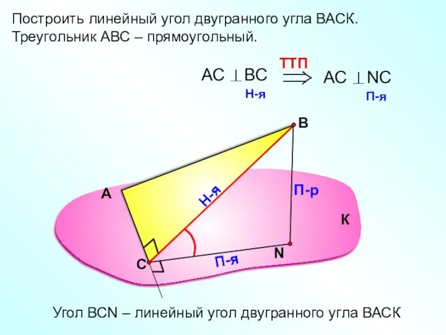 Построить линейный угол двугранного угла ВАСК. Треугольник АВС – прямоугольный. А