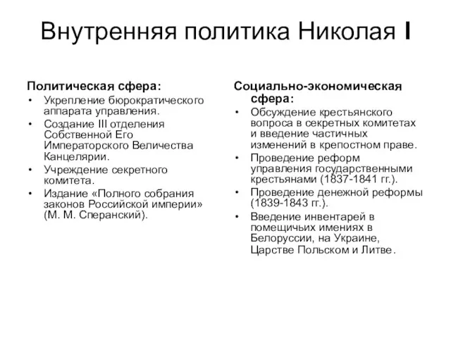 Внутренняя политика Николая I Политическая сфера: Укрепление бюрократического аппарата управления. Создание