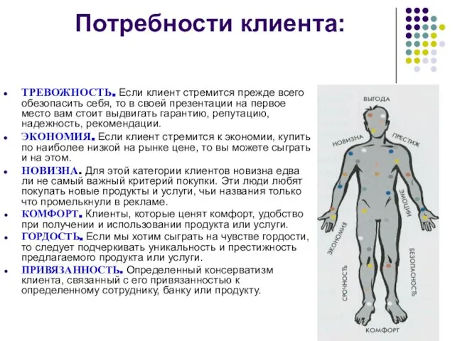 Потребности клиента: ТРЕВОЖНОСТЬ. Если клиент стремится прежде всего обезопасить себя, то