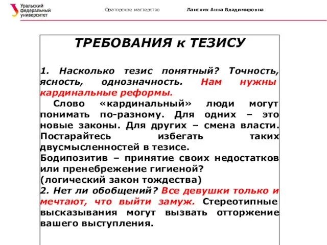 Ораторское мастерство Ланских Анна Владимировна ТРЕБОВАНИЯ к ТЕЗИСУ 1. Насколько тезис