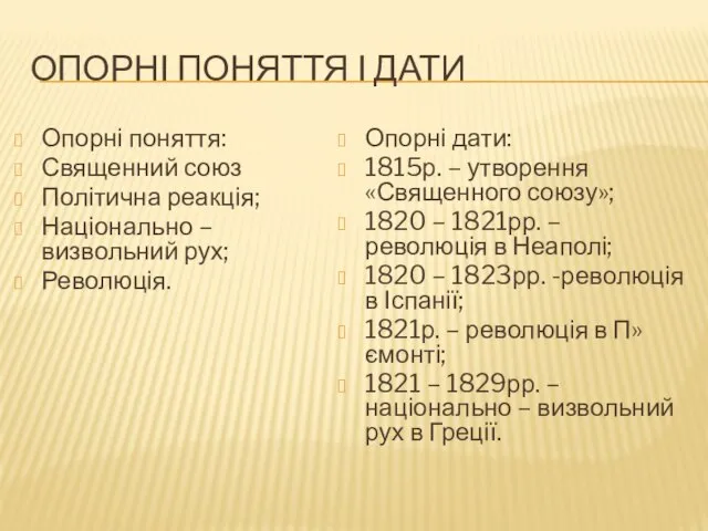 ОПОРНІ ПОНЯТТЯ І ДАТИ Опорні поняття: Священний союз Політична реакція; Національно