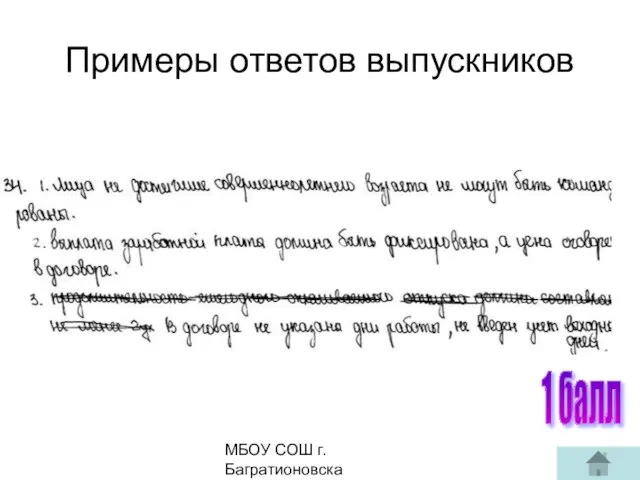 МБОУ СОШ г. Багратионовска Сомова С.Г, 1 балл Примеры ответов выпускников