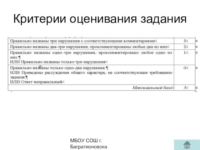 МБОУ СОШ г. Багратионовска Сомова С.Г, Критерии оценивания задания