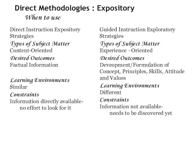 Direct Methodologies : Expository When to use Direct Instruction Expository Strategies