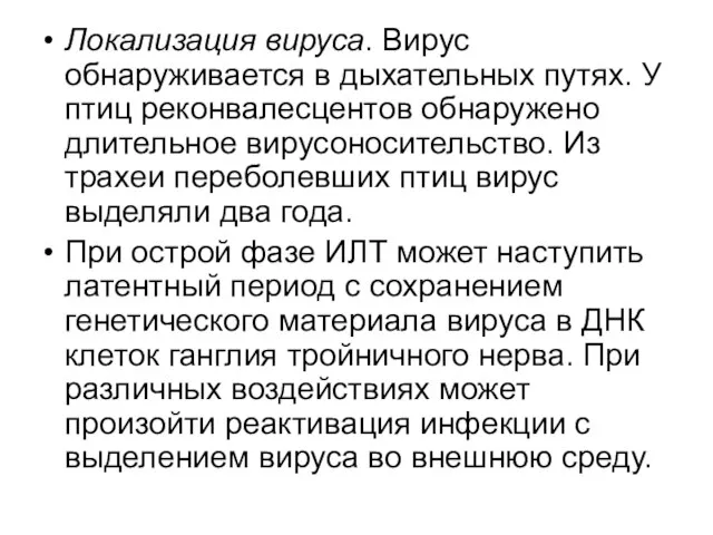 Локализация вируса. Вирус обнаруживается в дыхательных путях. У птиц реконвалесцентов обнаружено