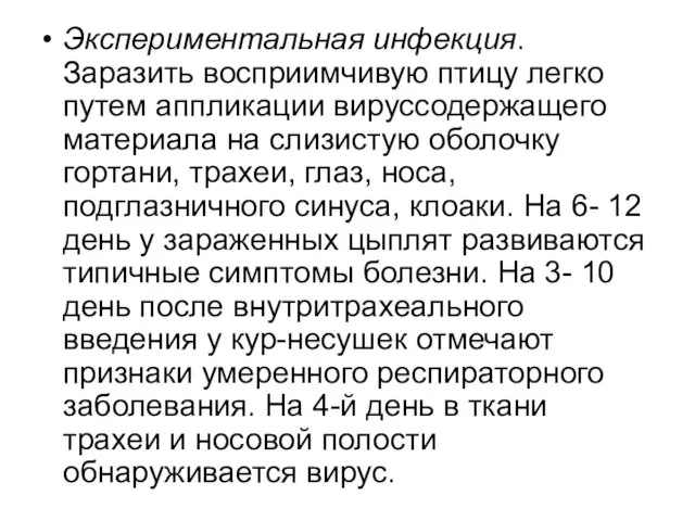 Экспериментальная инфекция. Заразить восприимчивую птицу легко путем аппликации вируссодержащего материала на