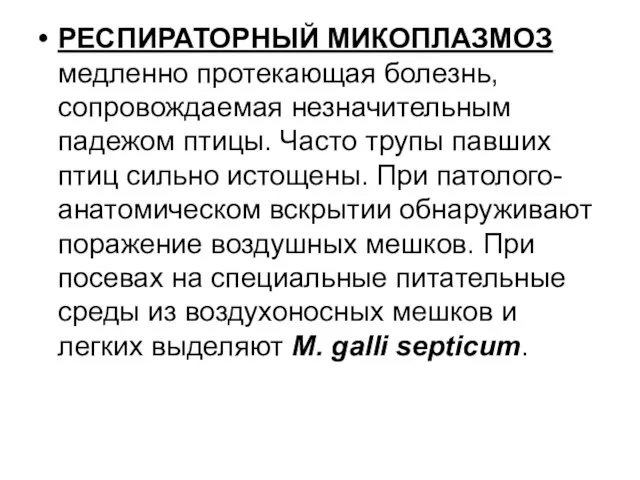 РЕСПИРАТОРНЫЙ МИКОПЛАЗМОЗ медленно протекающая болезнь, сопровождаемая незначительным падежом птицы. Часто трупы