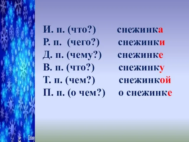 И. п. (что?) снежинка Р. п. (чего?) снежинки Д. п. (чему?)