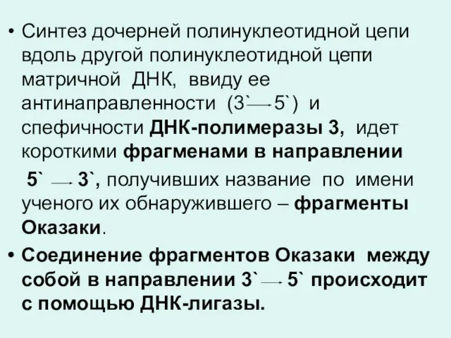 Синтез дочерней полинуклеотидной цепи вдоль другой полинуклеотидной цепи матричной ДНК, ввиду