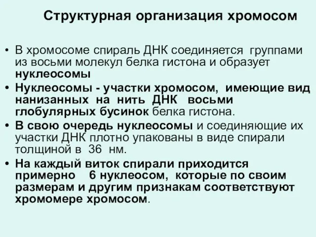 Структурная организация хромосом В хромосоме спираль ДНК соединяется группами из восьми