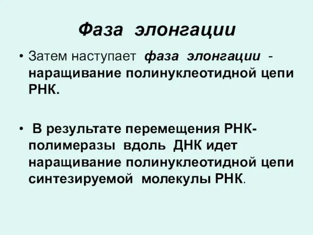 Фаза элонгации Затем наступает фаза элонгации - наращивание полинуклеотидной цепи РНК.