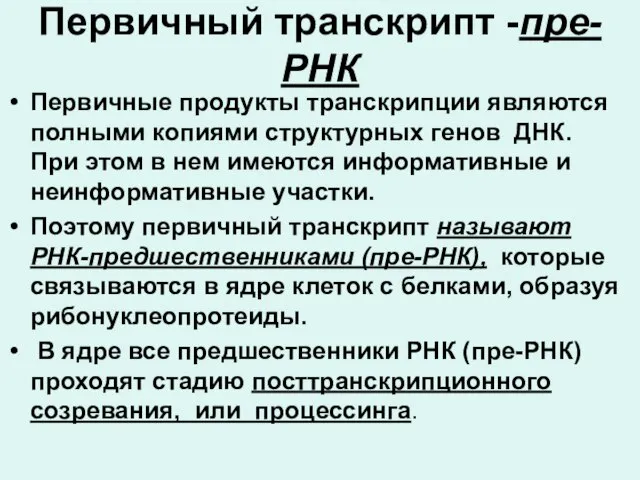 Первичный транскрипт -пре-РНК Первичные продукты транскрипции являются полными копиями структурных генов