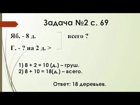 Задача №2 с. 69 8 + 2 = 10 (д.) –